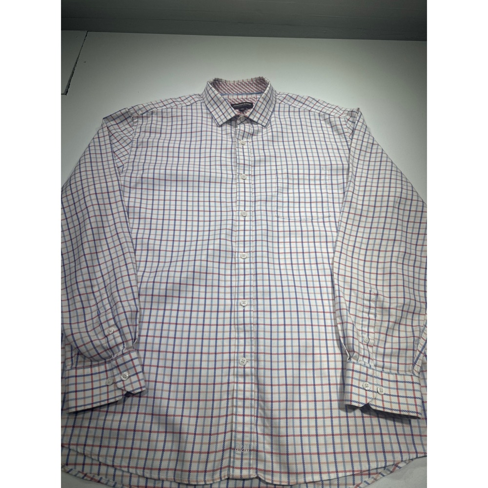 Johnston & Murphy Mens XXL Button Down Shirt Blue Red Plaid Tattersall LS